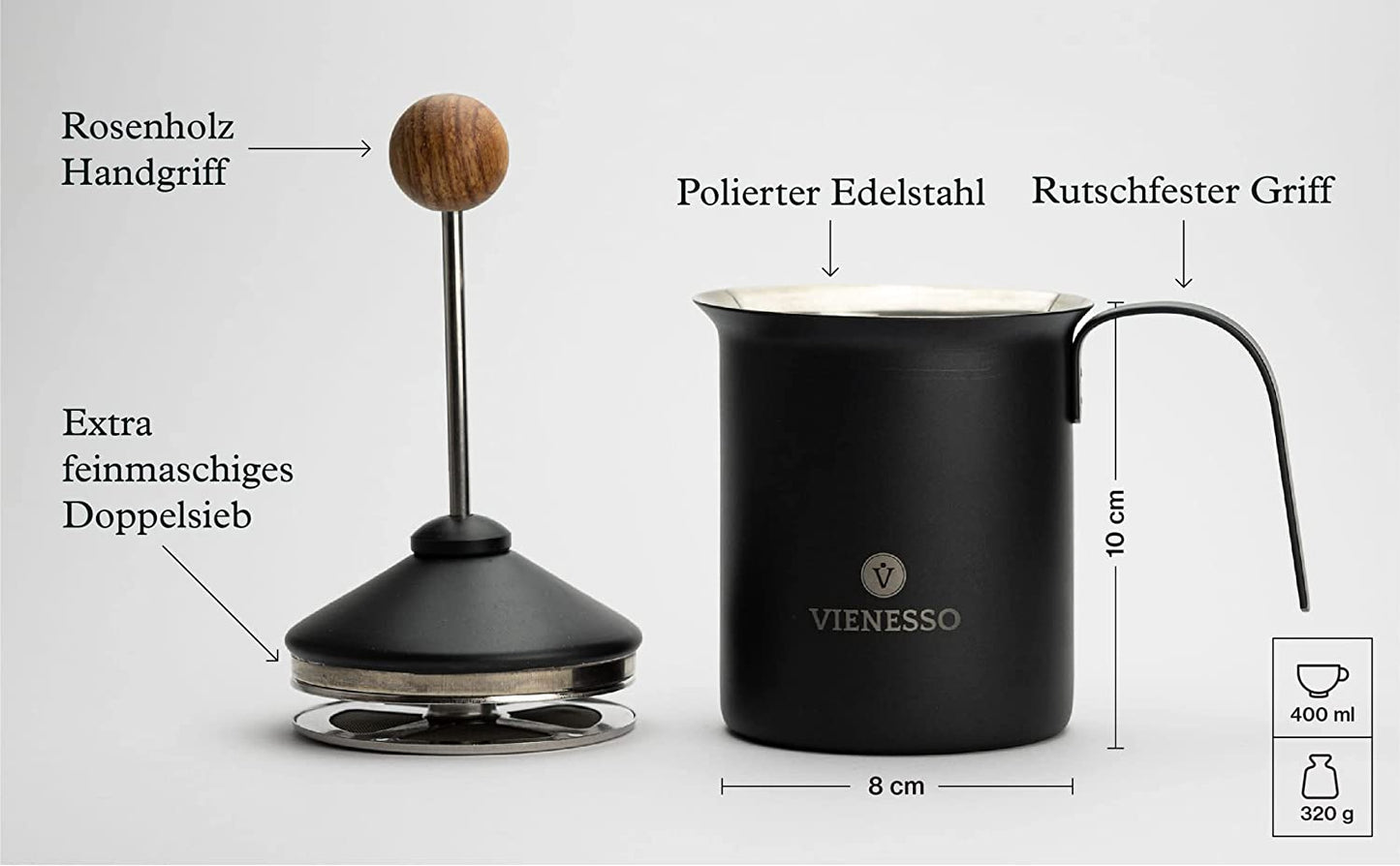 Manueller Hand-Milchaufschäumer aus Edelstahl mit Doppelsieb